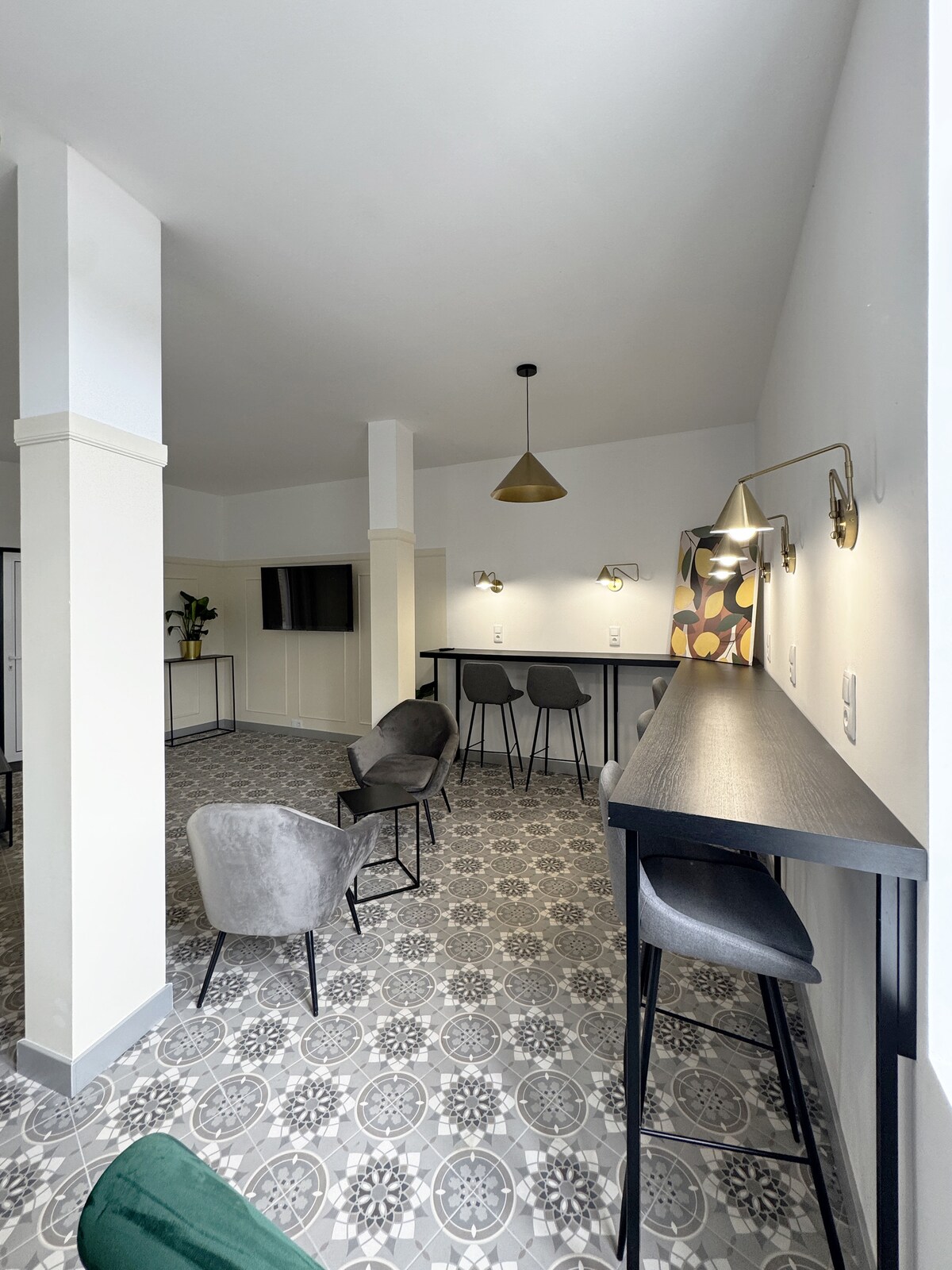 Lounge bar area with patterned tile floor
