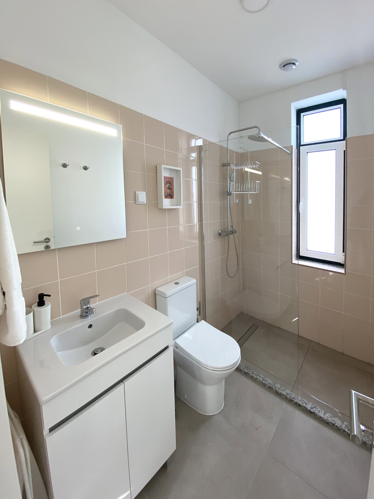Bathroom with rainfall shower and pink tiles
